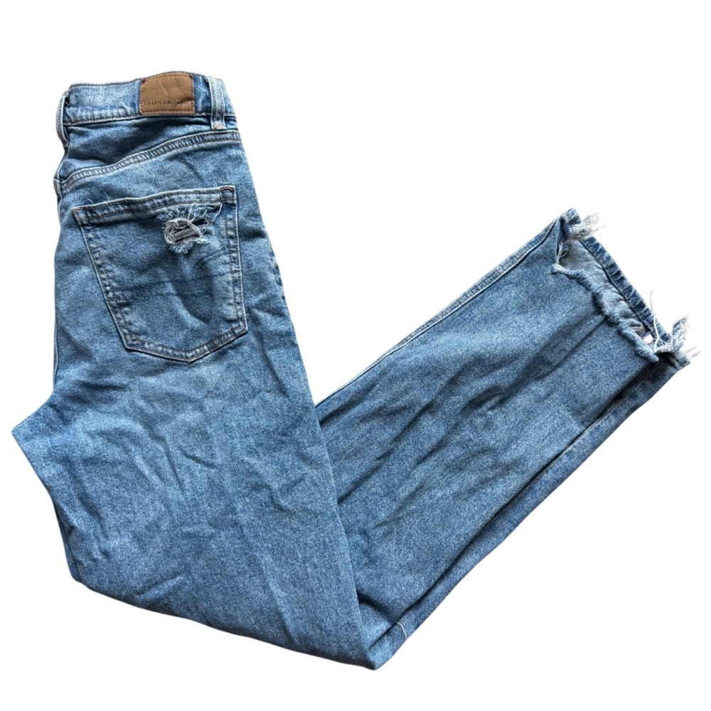 American Eagle Highest Rise Mom Jeans Womens 2 Blue Distressed Raw Hem Destroyed